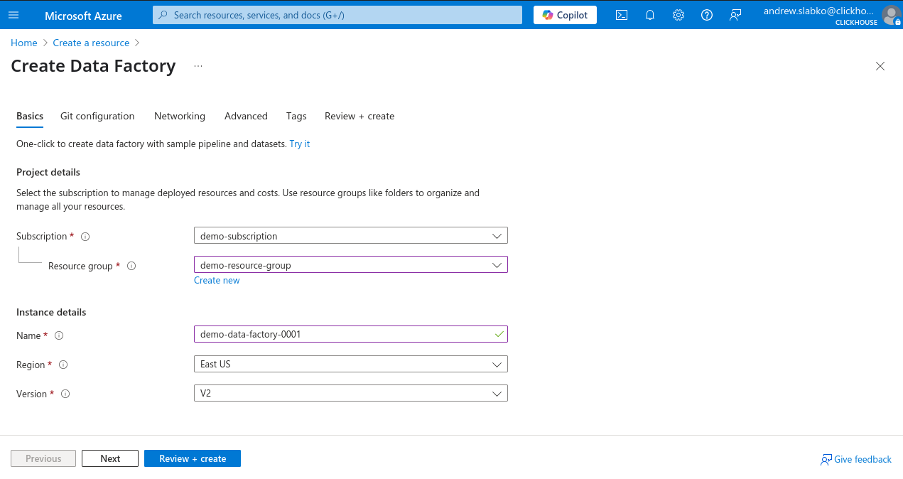 Azure Portal 새 Data Factory