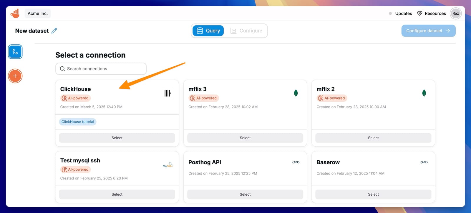 데이터 세트를 위한 ClickHouse 연결 선택