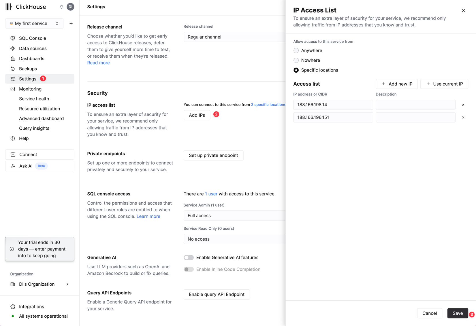 ClickHouse Cloud에서 IP 허용 목록을 설정하는 예시