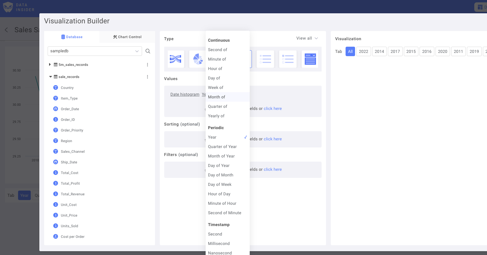 연, 월, 일 등 서로 다른 기간 옵션을 보여주는 날짜 범위 구성 화면