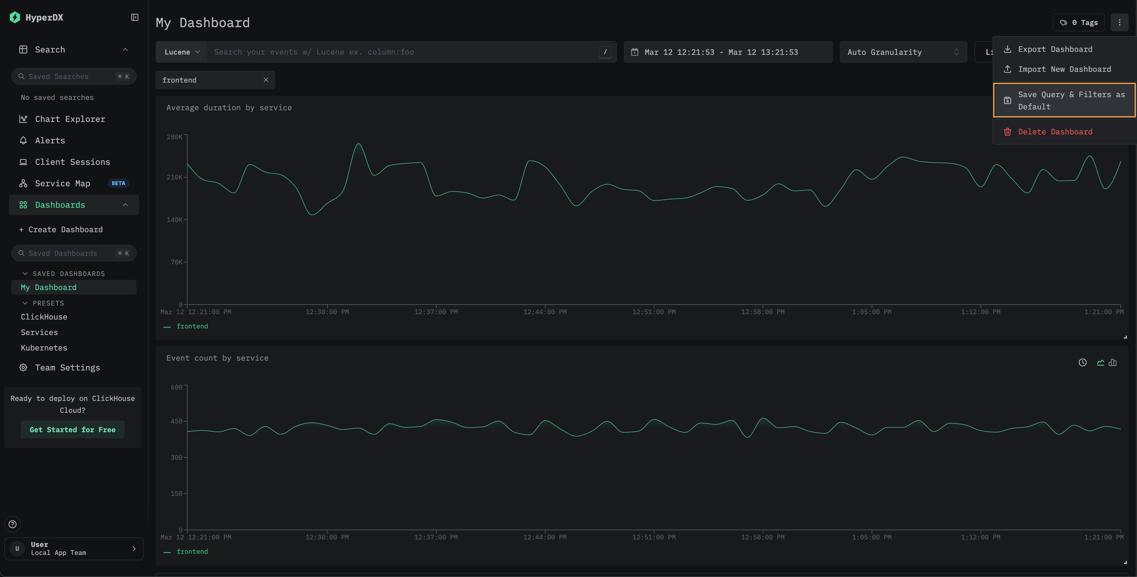 Save Query and Filters as Default 옵션을 보여주는 대시보드 메뉴
