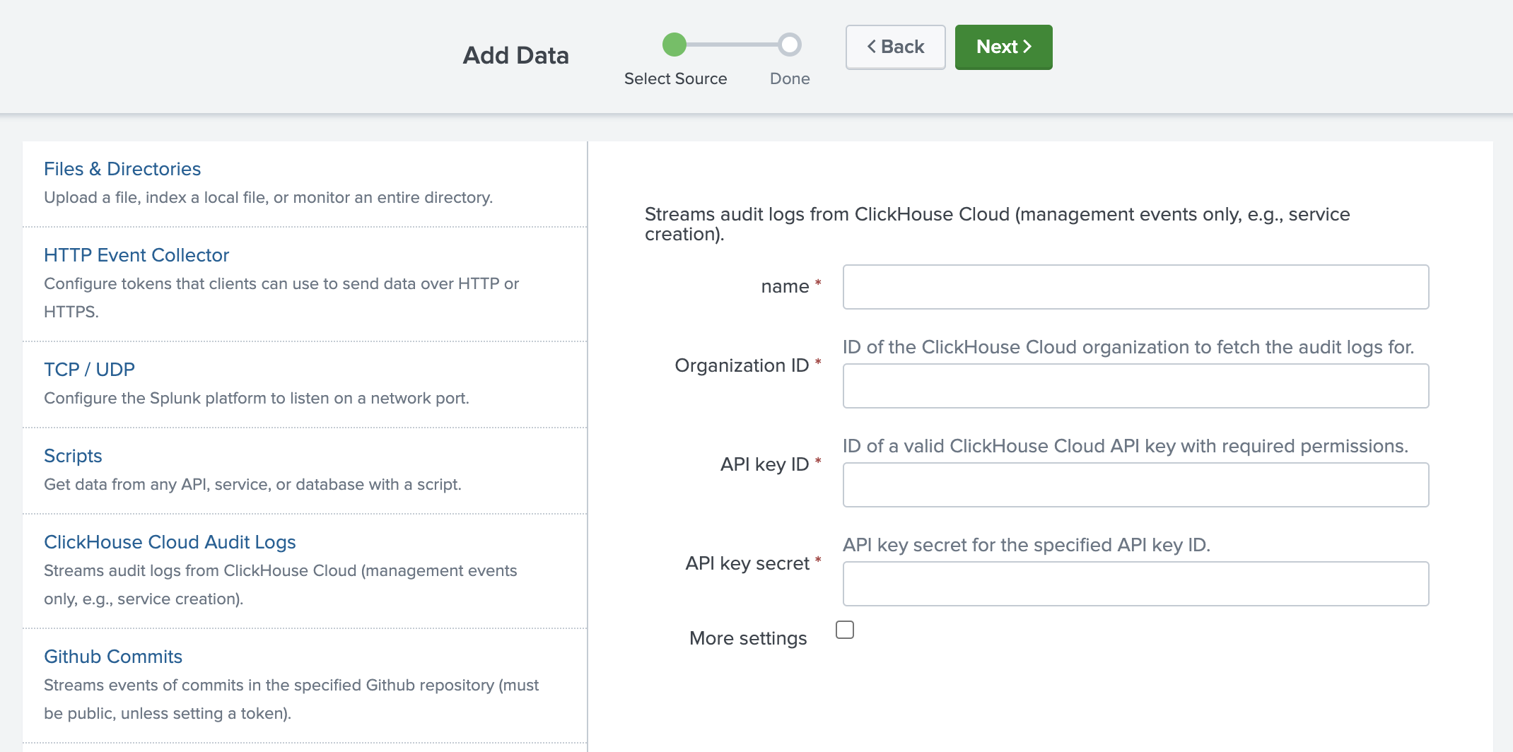 새 ClickHouse Cloud Audit Logs 데이터 입력을 구성하는 Splunk 인터페이스