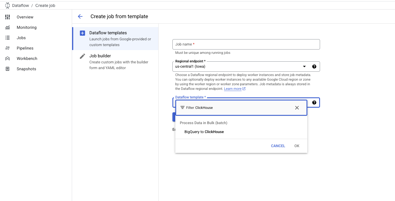 BigQuery to ClickHouse 템플�릿 선택